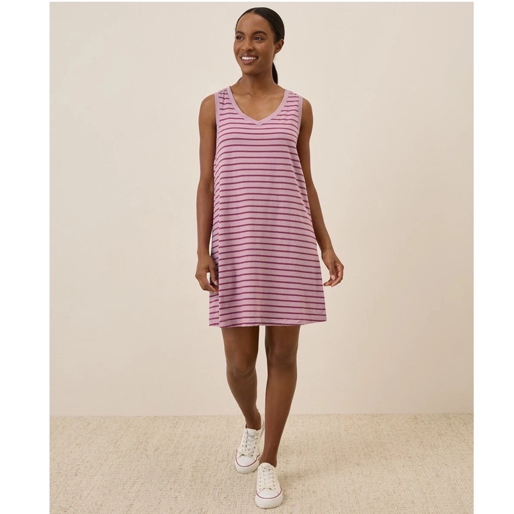 Pact Organic Cotton Softspun Sleeveless Tank Dress Purple Striped V-Neck Medium